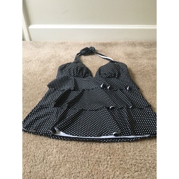 Kim Rogers Women's Polka Dot Swim Top with Tie Neck 1pc Size M Black & White - Picture 1 of 6